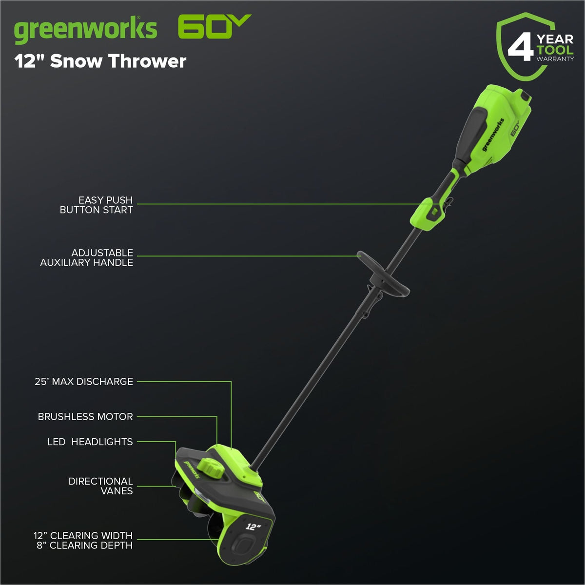 Greenworks 60V Snow Shovel with Directional Vanes, 12-in (Tool Only)