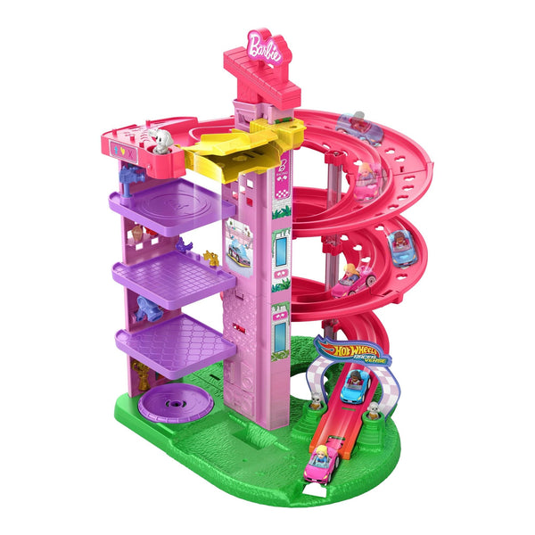 Hot Wheels Barbie Racerverse Toy Vehicle Track Set with 2 1:64 Die-Cast Vehicles and Figures L9