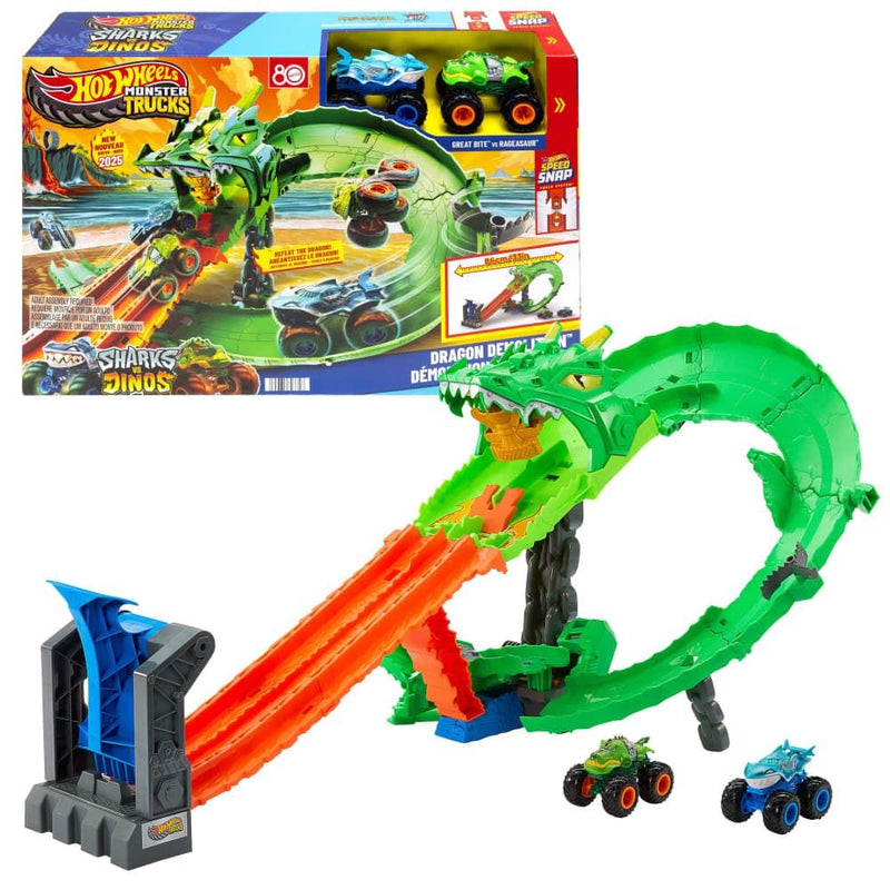 Hot Wheels Sharks vs. Dinos Dragon Destruction Playset with 2 1:64 Hot Wheels Monster Trucks A4