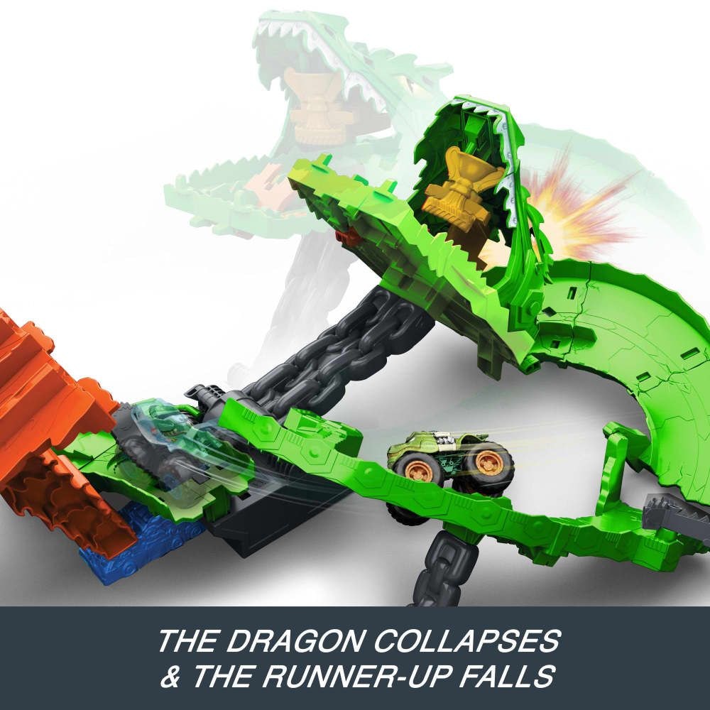 Hot Wheels Sharks vs. Dinos Dragon Destruction Playset with 2 1:64 Hot Wheels Monster Trucks