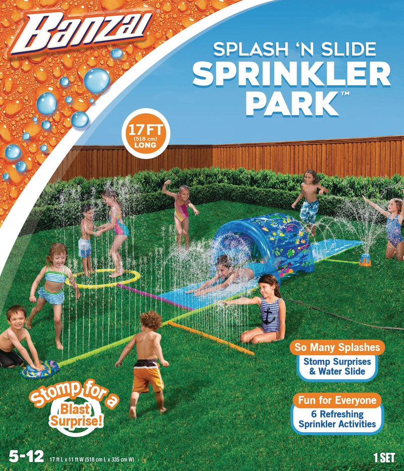 Inflatable Splash ‘N Slide Water Sprinkler Park, Blue, 17-ft, Ages 5+, for Beach/Pool Fun Activities G8