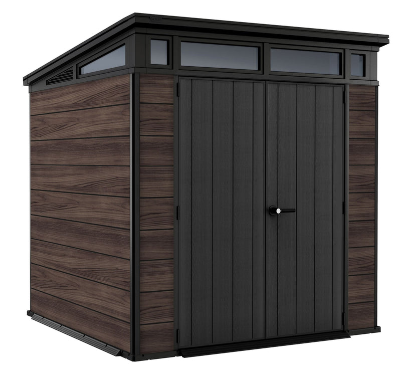 Keter Pent Durable DecoCoat Lockable 2-Door Resin Outdoor Storage Shed with Windows, Brown, 7-ft x 7-ft U4