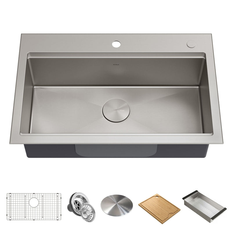 Kraus Kore Top/Undermount Stainless Steel Single Bowl Kitchen Sink with Add-Ons, 32x21x9-in N4