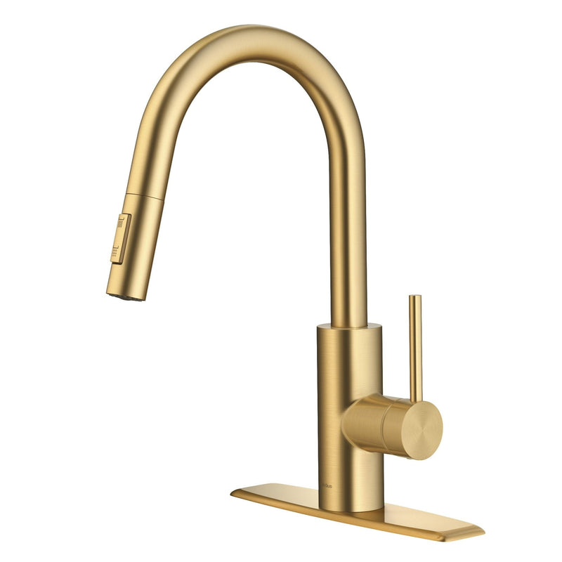 Kraus Oletto Single Handle High Arc Pull Down Kitchen Faucet, Brushed Brass V3