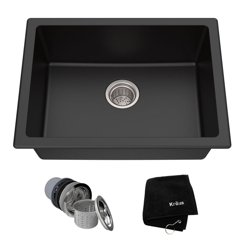Kraus Quarza Top/Undermount Granite Single Bowl Kitchen Sink, Black Onyx, 24x18x9-in I0