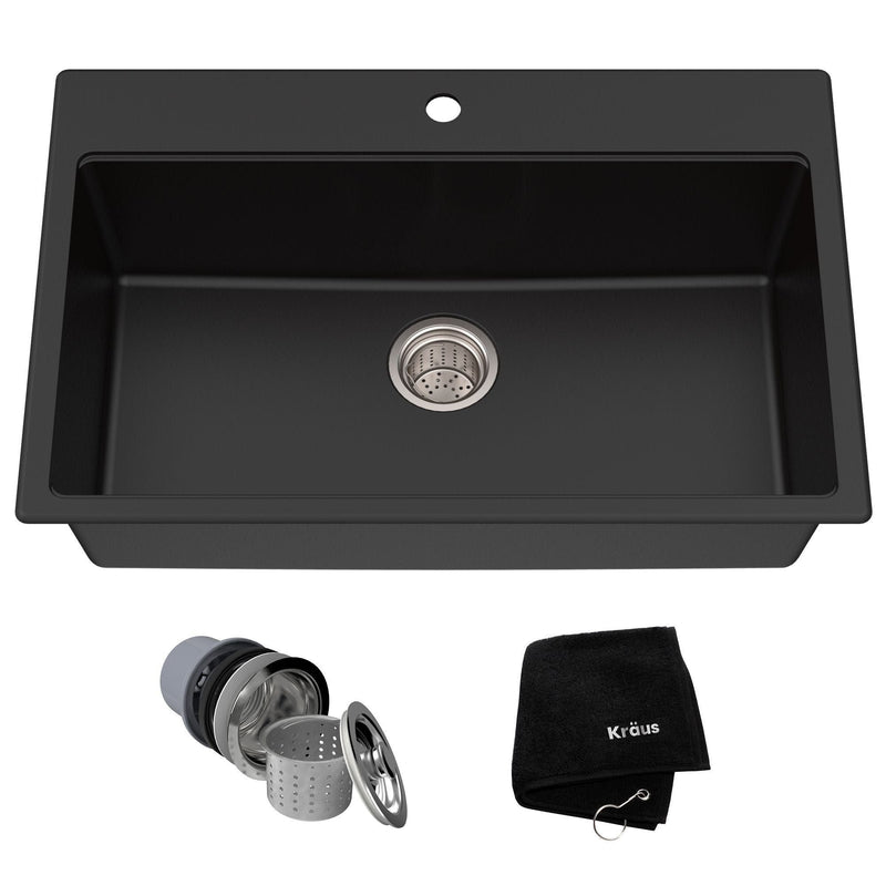 Kraus Quarza Top/Undermount Granite Single Bowl Kitchen Sink, Black Onyx, 31x20x9-in L3