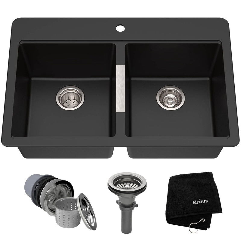 Kraus Quarza Undermount Granite Double Bowl Kitchen Sink, Black Onyx, 33x22x10-in Z6