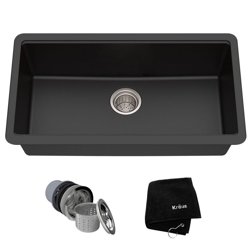Kraus Quarza Undermount Granite Single Bowl Kitchen Sink, Black Onyx, 31x17x9-in S8