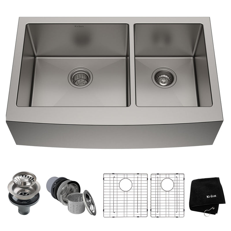Kraus Standard PRO Apron Front Farmhouse Stainless Steel Double Bowl Kitchen Sink, 33x21x10-in I2