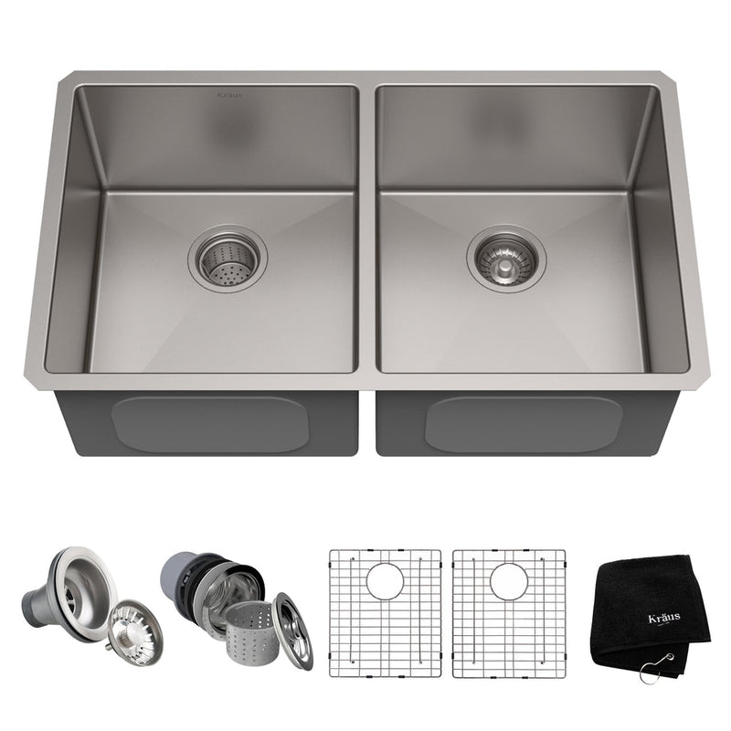 Kraus Standard PRO Undermount Stainless Steel Double Bowl 50/50 Kitchen Sink, 33x19x10-in J3