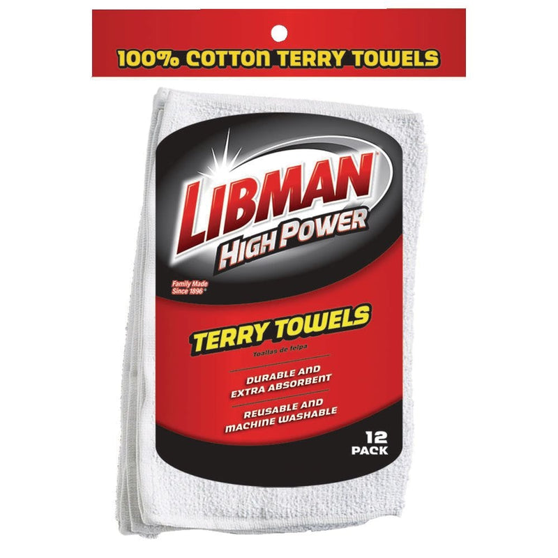 Libman Heavy Duty All-Purpose Machine Washable 100% Cotton Terry Towels, White, 12-pk W7