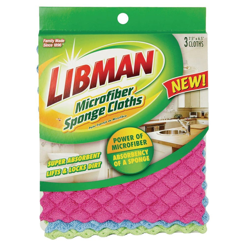 Libman Machine Washable Microfibre Sponge Cloths, Assorted Colours, 3-pk U6