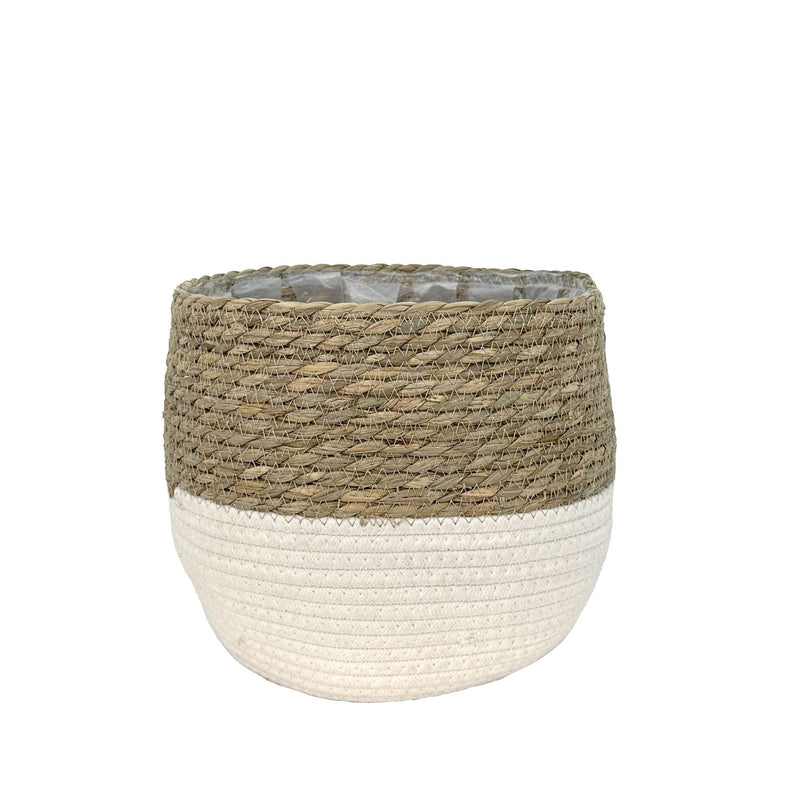 Lynne Weave Cotton Jute Round Basket Planter with Leaf-Proof Plastic Lining, 8-in B7