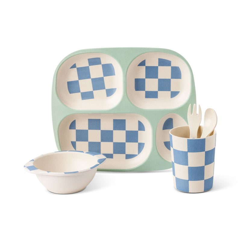 Manna Kids' Bamboo Fiber Dinnerware Set, Blue Check, 5-pc T7