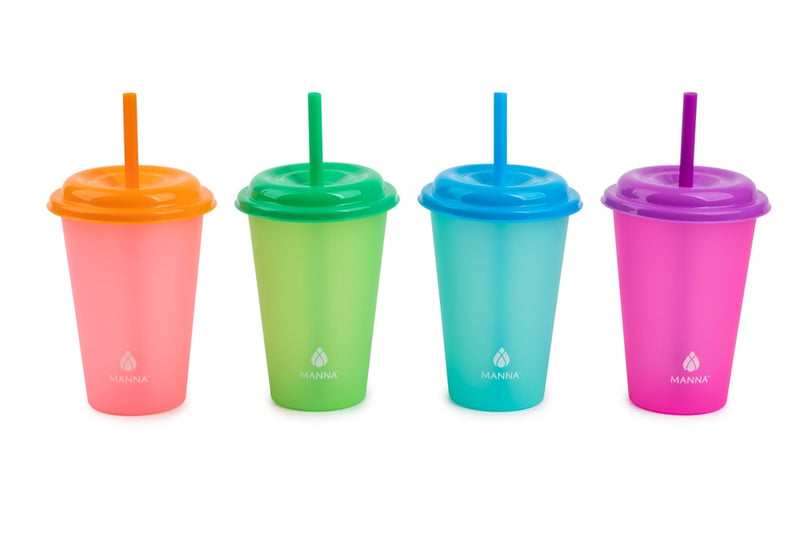 Manna Plastic Colour Changing Cups with Straws & Lids, 12-oz, 4-pk, Assorted Colours O4