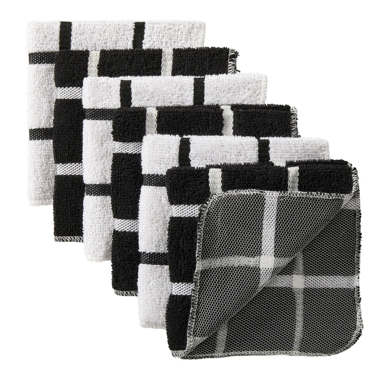 Master Chef Terry Checkered Dish Cloths with Scrubber, Black, 6-pk A4