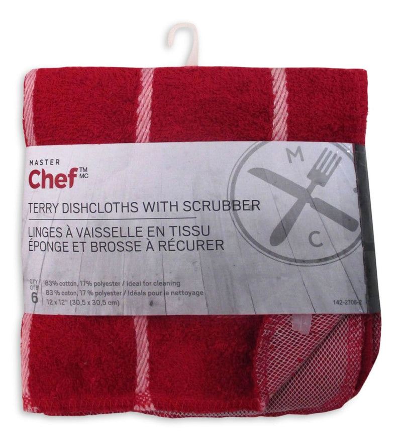 MASTER Chef Terry Cotton Checkered Dishcloths, 12-in x 12-in, Red, with Scrubber, 6-pk O5