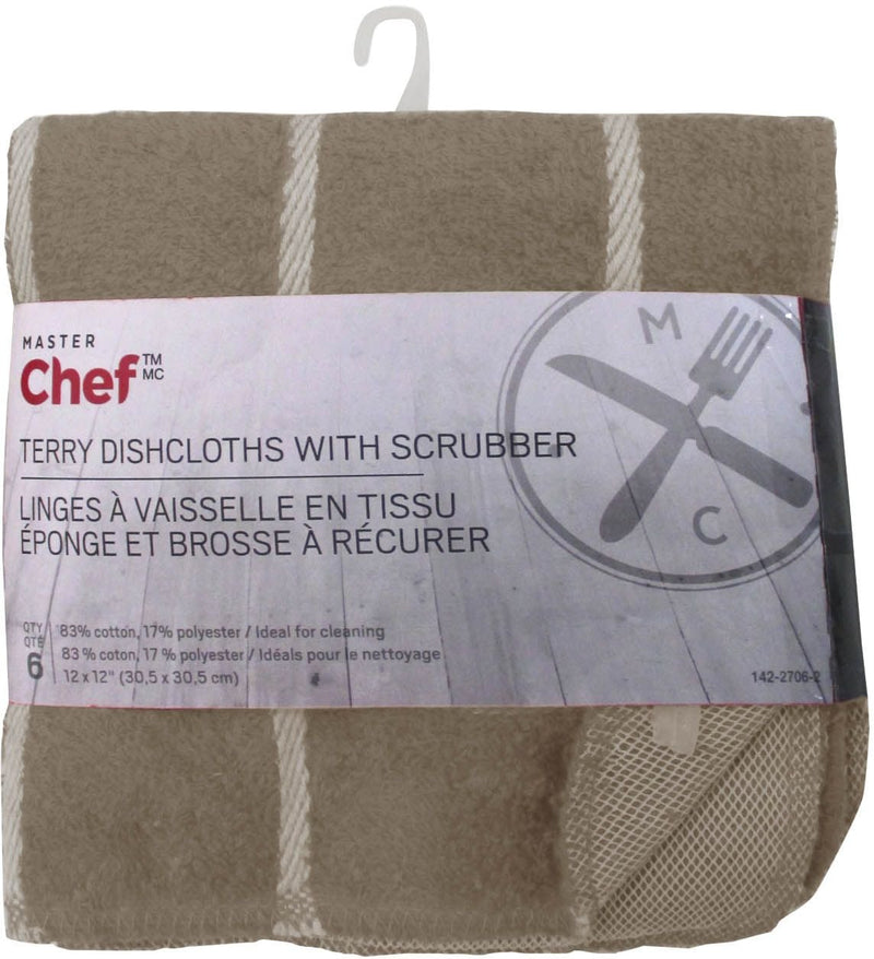 MASTER Chef Terry Cotton Checkered Dishcloths with Scrubber, 12-in x 12-in, 6-pk, Brown Y5
