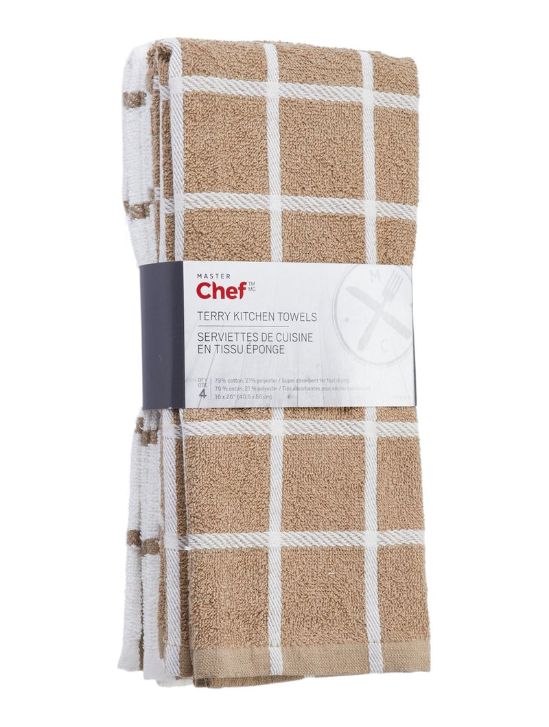 MASTER Chef Terry Cotton Checkered Kitchen Towels, Reusable, 16-in x 26-in, 4-pk, Brown/White N4