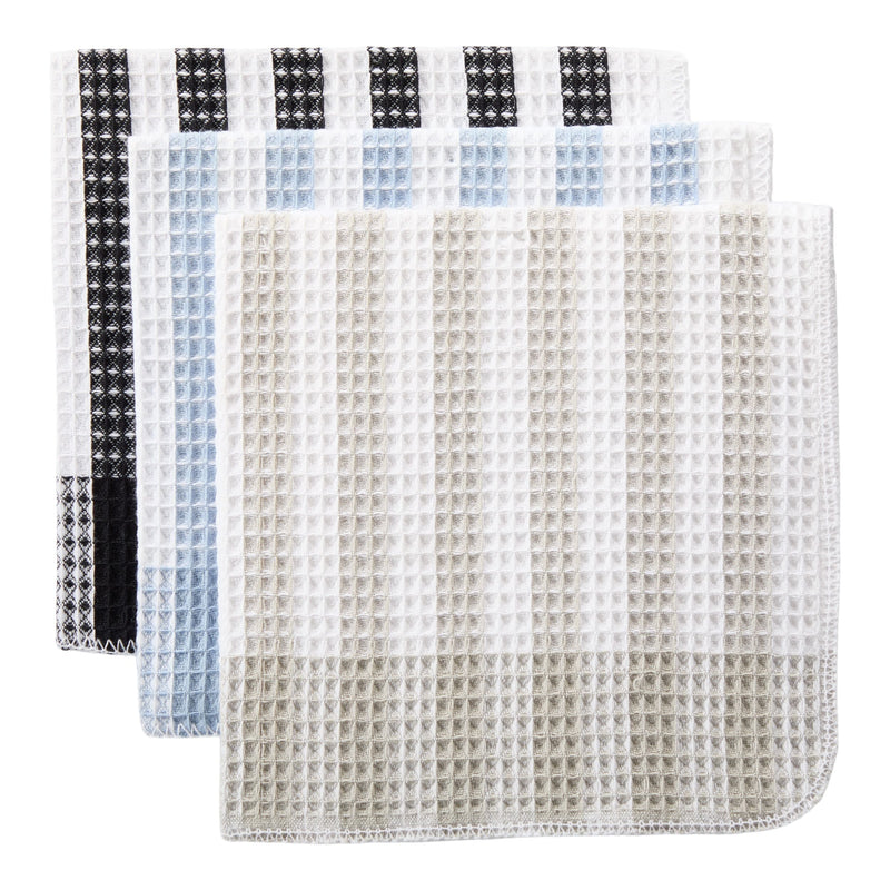 Master Chef Waffle Checkered Cotton Dish Cloths, Black, Grey & Blue, 14-in, 12-pk T7