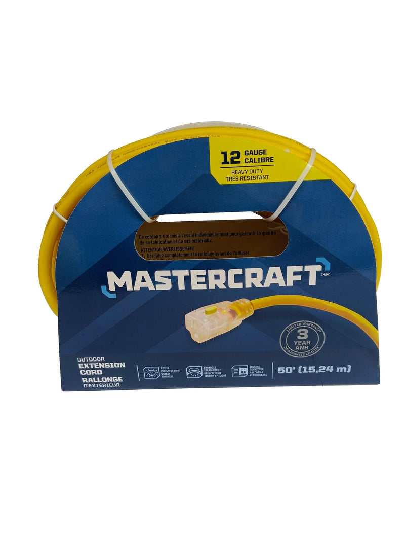Mastercraft 12/3 Outdoor Extension Cord with Lighted end & Locking Connector, Yellow N3