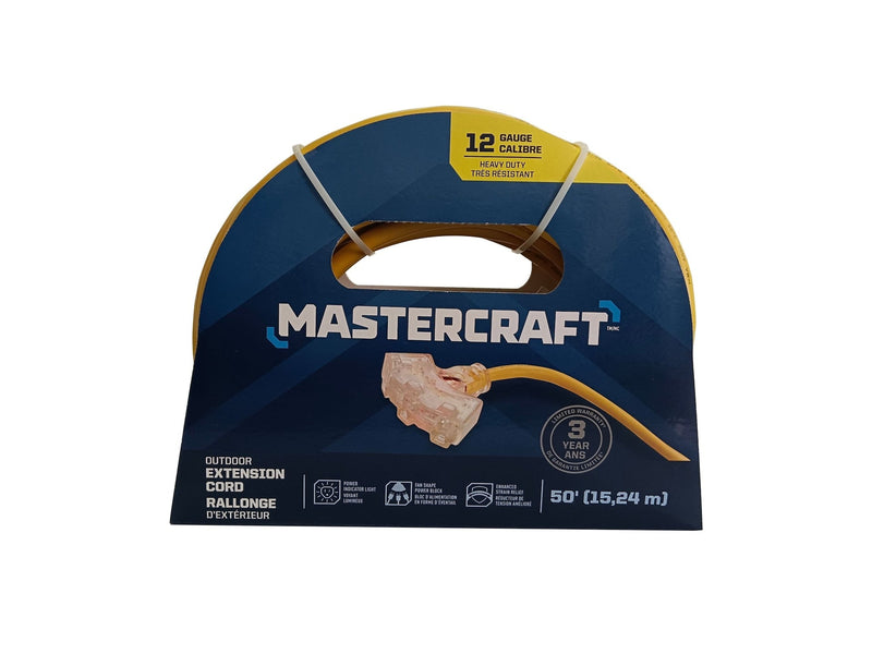 Mastercraft 12/3 Yellow Outdoor Extension Cord with 3 Grounded Outlets and Lighted End H4