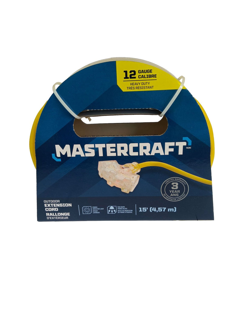 Mastercraft 15-ft 12/3 Outdoor Extension Cord with 3 Grounded Outlets and Lighted End, Yellow E9