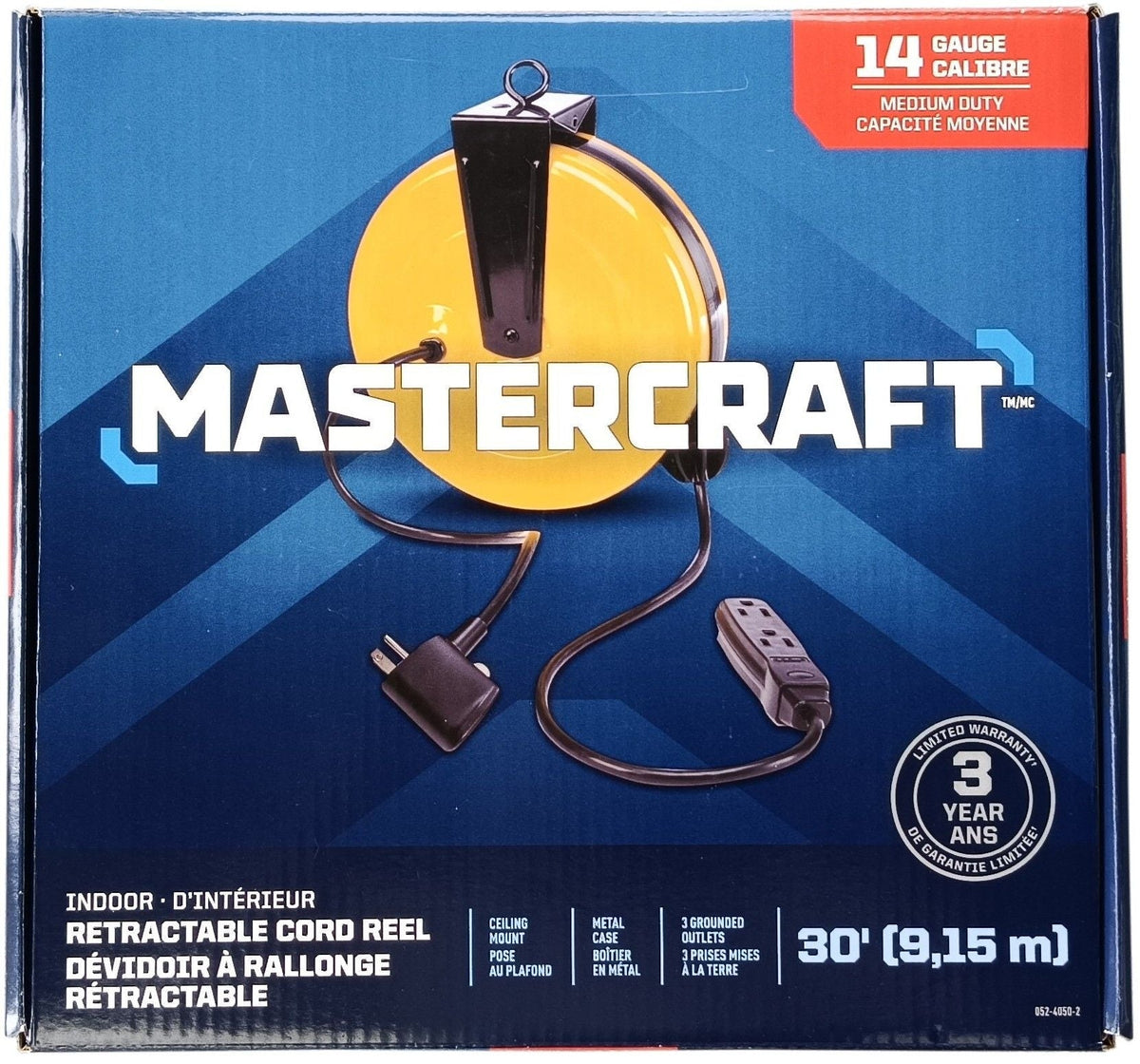Mastercraft 30-ft 16/3 Retractactabe Extension Cord Reel with 3 Grounded Outlets