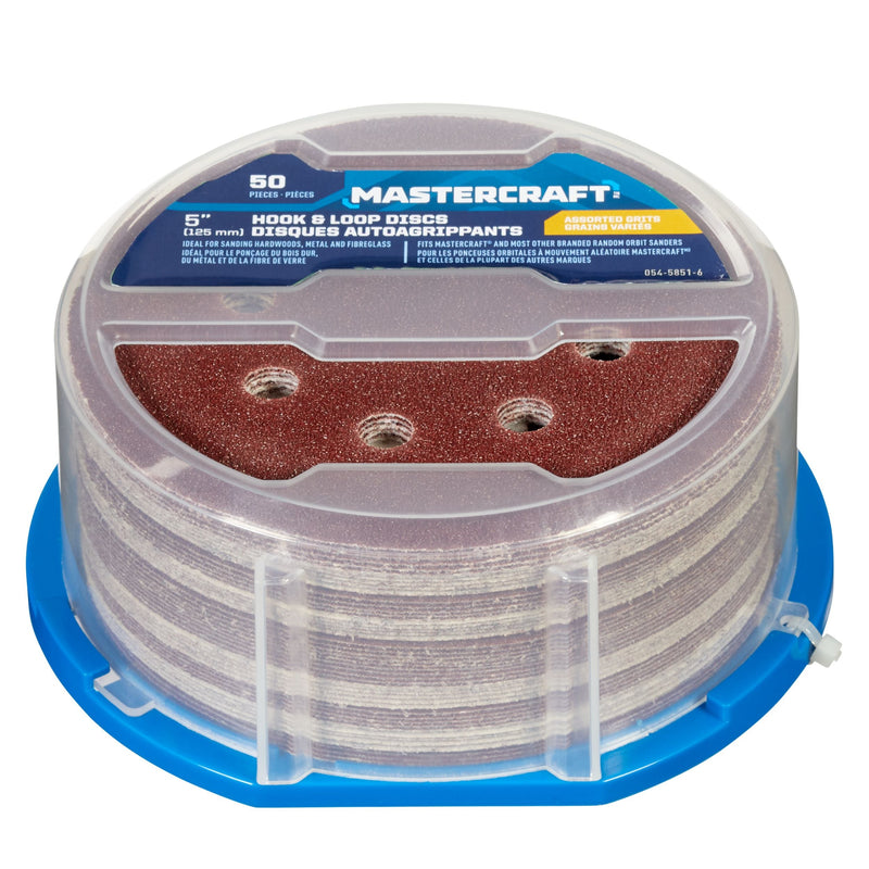 Mastercraft 5-in Assorted Grit Hook & Loop Aluminum Oxide 8-Hole Sanding Disc Set for Wood, Metal, 50-pc R8