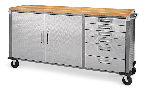 Mastercraft 72" Diamond Series 2-Door, 6-Drawer Wooden Top Work Station with Wheels, 72 x 21-5/8 x 37-1/2-in E2