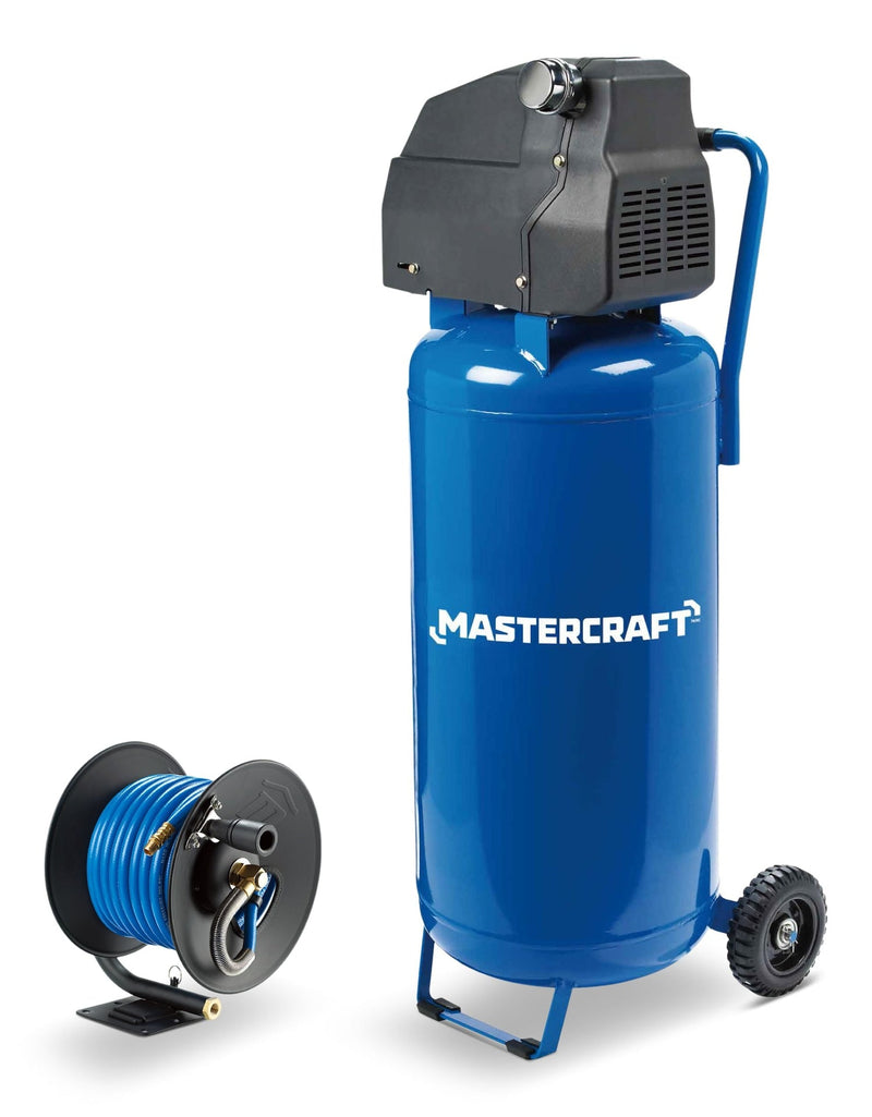 Mastercraft Oil-Free Vertical 20-Gallon Air Compressor with Bonus Hose Reel, 135-PSI, 2HP C8