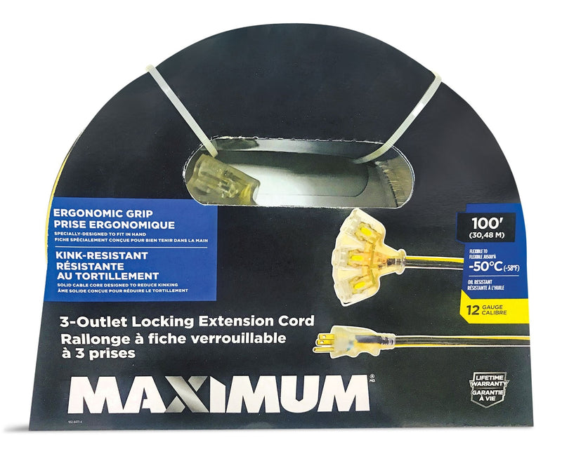MAXIMUM 100-ft 12/3 Outdoor Extension Cord with 3 Grounded Outlets, Lighted End and Locking Connector, Yellow/Black H2