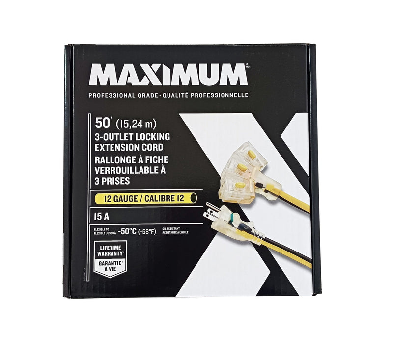 MAXIMUM 3-Outlet Locking Extension Cord, 50-ft, Yellow/Black X5