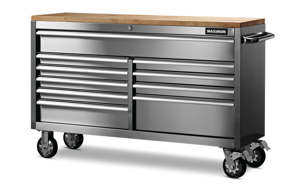 MAXIMUM Butcher Block Top Rolling Tool Storage Cabinet with 10 Drawers, Stainless Steel, 56-in I0