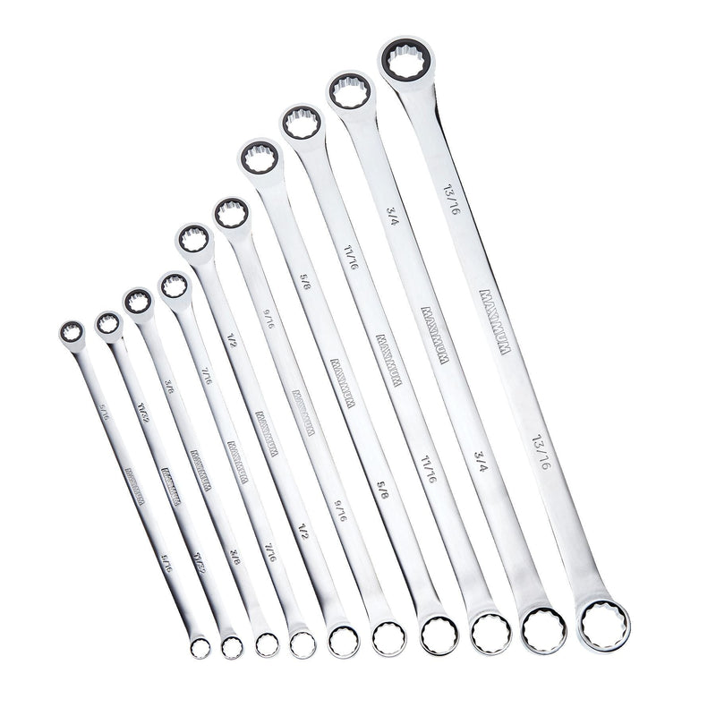 MAXIMUM Extra-Long Double Box-End Ratcheting Wrench Set, SAE, 10-pk E2