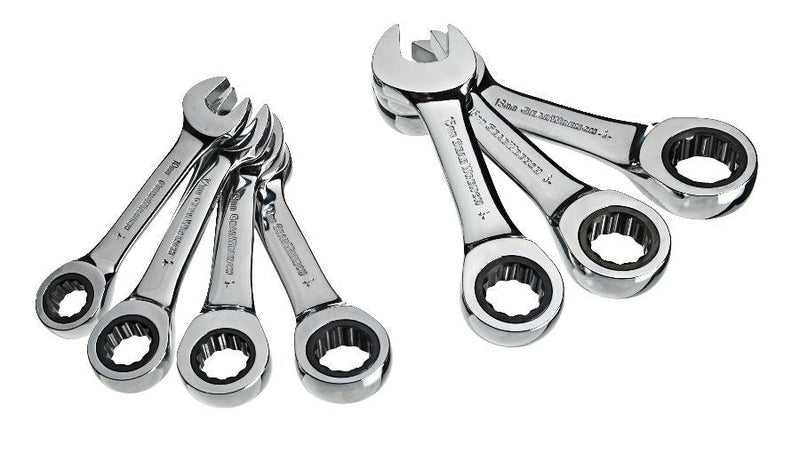 MAXIMUM Stubby Ratcheting Wrench Set, Metric, Nickel-Chrome Plating, 7-pc T1