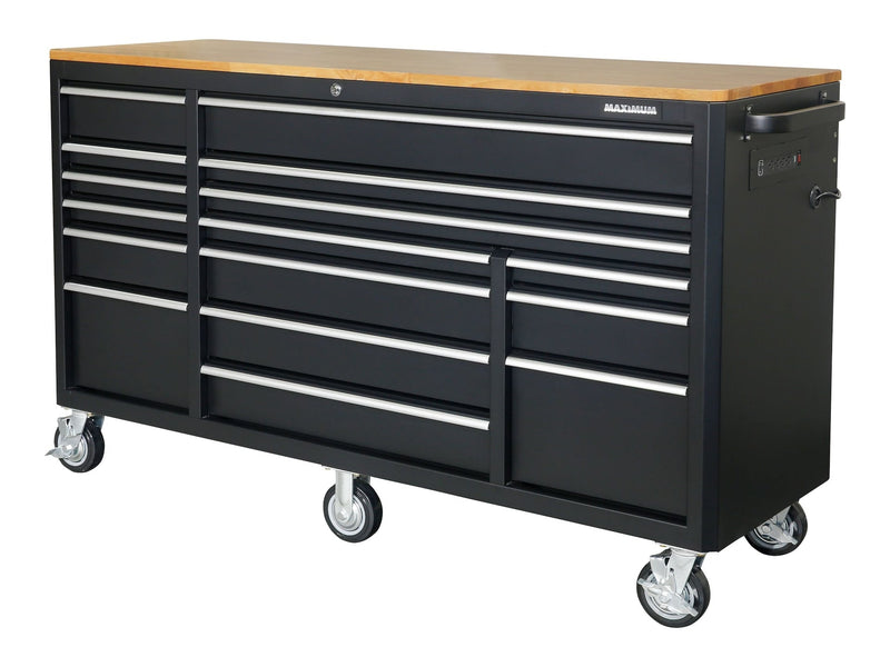 MAXIMUM Tool Cabinet with Wood Top and 4-Outlet Power Strip, Black, 74x24-in D7