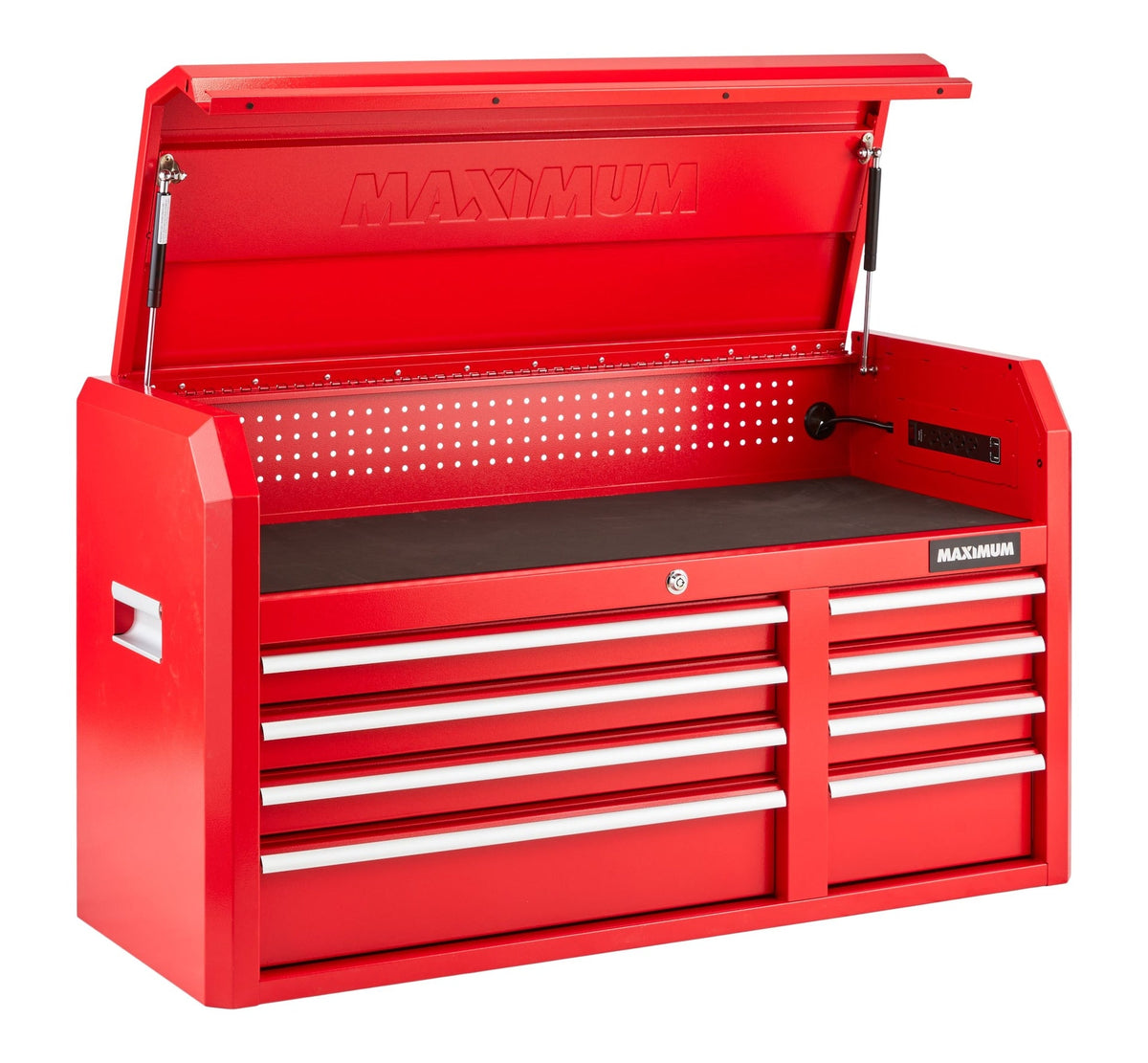 MAXIMUM Tool Storage Chest, 8-Drawer, Built-In Power Bar with USB, 47-in, Red