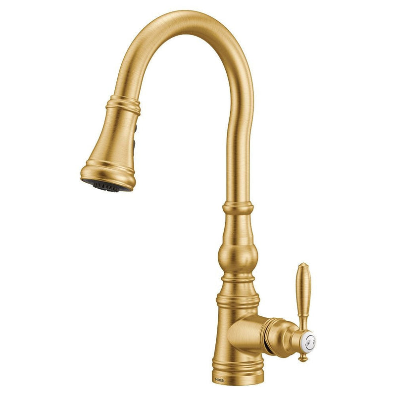 Moen Weymouth Single Handle High Arc Pull Down Sprayer Kitchen Faucet with Power Boost, Brushed Gold I6
