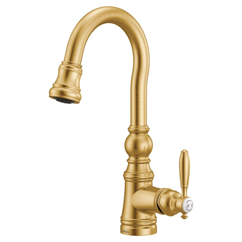 Moen Weymouth Single Handle High Arc Pull Down Sprayer Kitchen Faucet with Power Clean, Brushed Gold X8