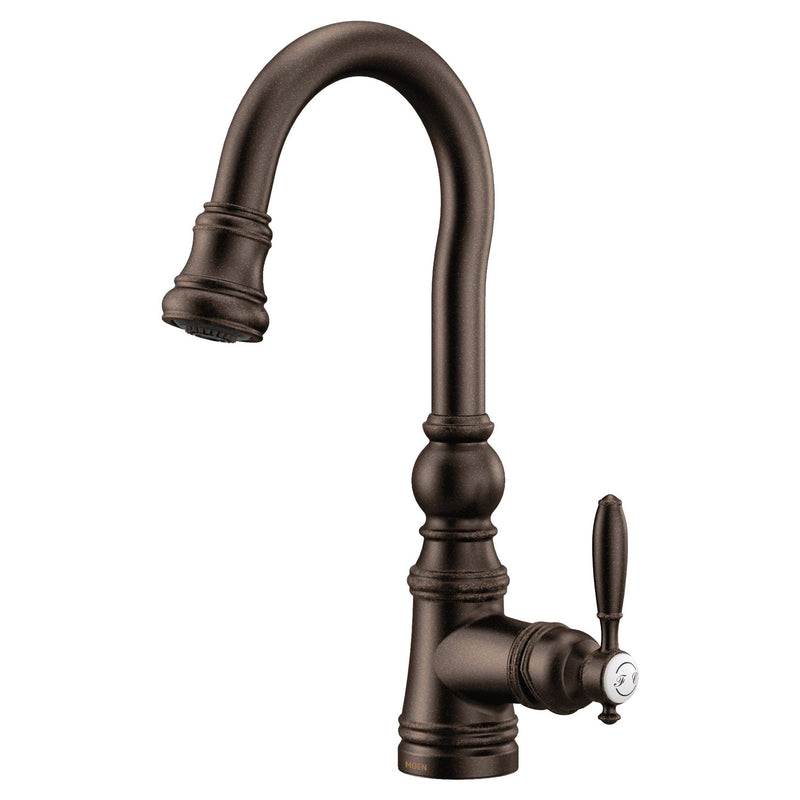 Moen Weymouth Single Handle High Arc Pull Down Sprayer Kitchen Faucet with Power Clean, Oil Rubbed Bronze V4