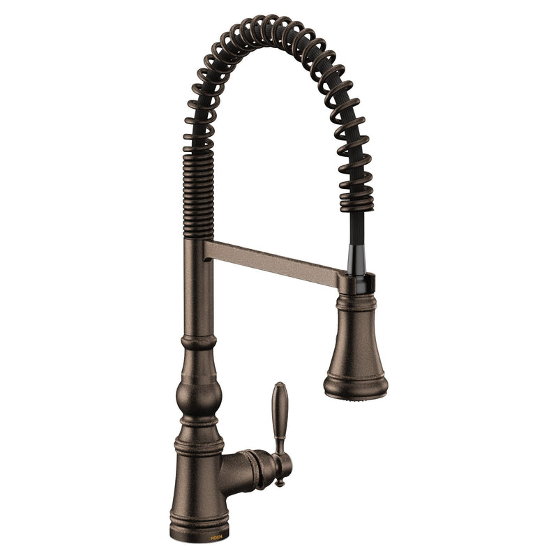 Moen Weymouth Single Handle Pre-Rinse Spring Pull Down Sprayer Kitchen Faucet with Power Boost, Oil Rubbed Bronze M6
