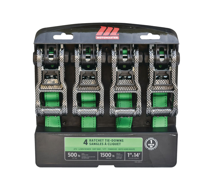 MotoMaster 1,500-lb Carbon Ratchet Tie Downs, Weatherproof, 1-in x 14-ft, 4-pk, Green F8