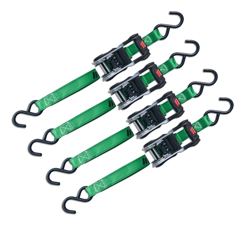 MotoMaster 1,500-lb Ratchet Tie Down, with Padded D-Handle, 1-in x 14-ft, 4-pk, Green D6