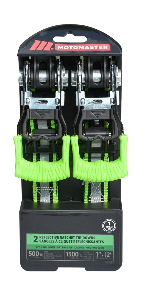 MotoMaster 1,500-lb Reflective Ratchet Tie-Down Strap with Padded D-Handle, 1-in x 12-ft, 2-pk P5