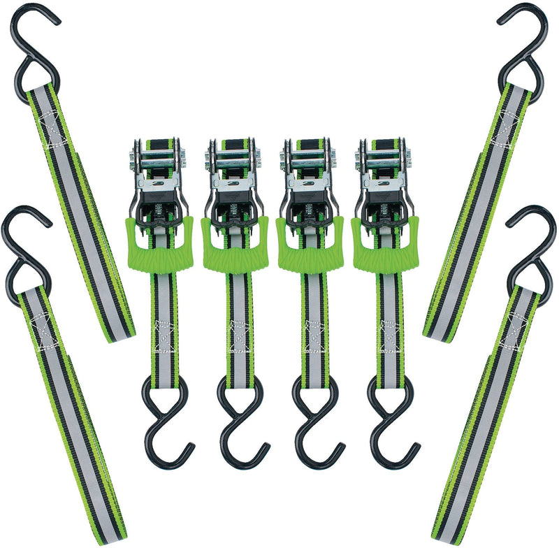 MotoMaster 1,500-lb Reflective Ratchet Tie Down Strap, with Padded D-Handle, 1-in x 12-ft, 4-pk, Green A4