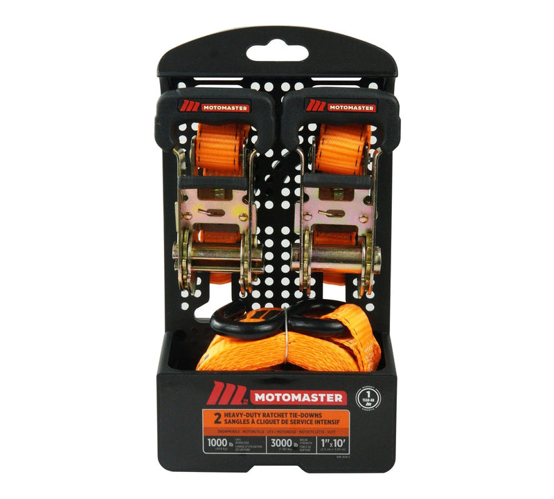 MotoMaster 3,000-lb Padded Handle Ratchet Tie Down Straps, 1.25-in x 10-ft, 2-pk E6