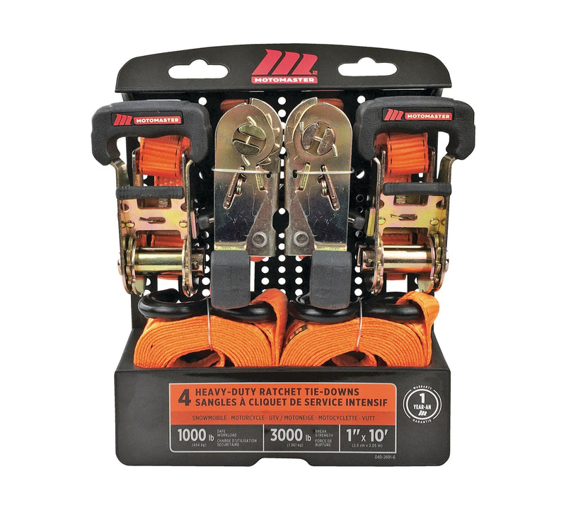 MotoMaster 3,000-lb Ratchet Tie Down Straps, with Power Grip Padded Handles, 1-in x 10-ft, 4-pk S0