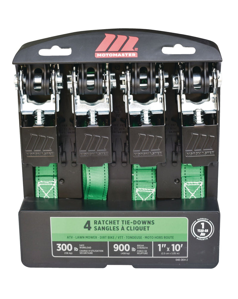 MotoMaster 900-lb Ratchet Tie-Down Straps, Non-Padded, 1-in x 10-ft, 4-pk W8