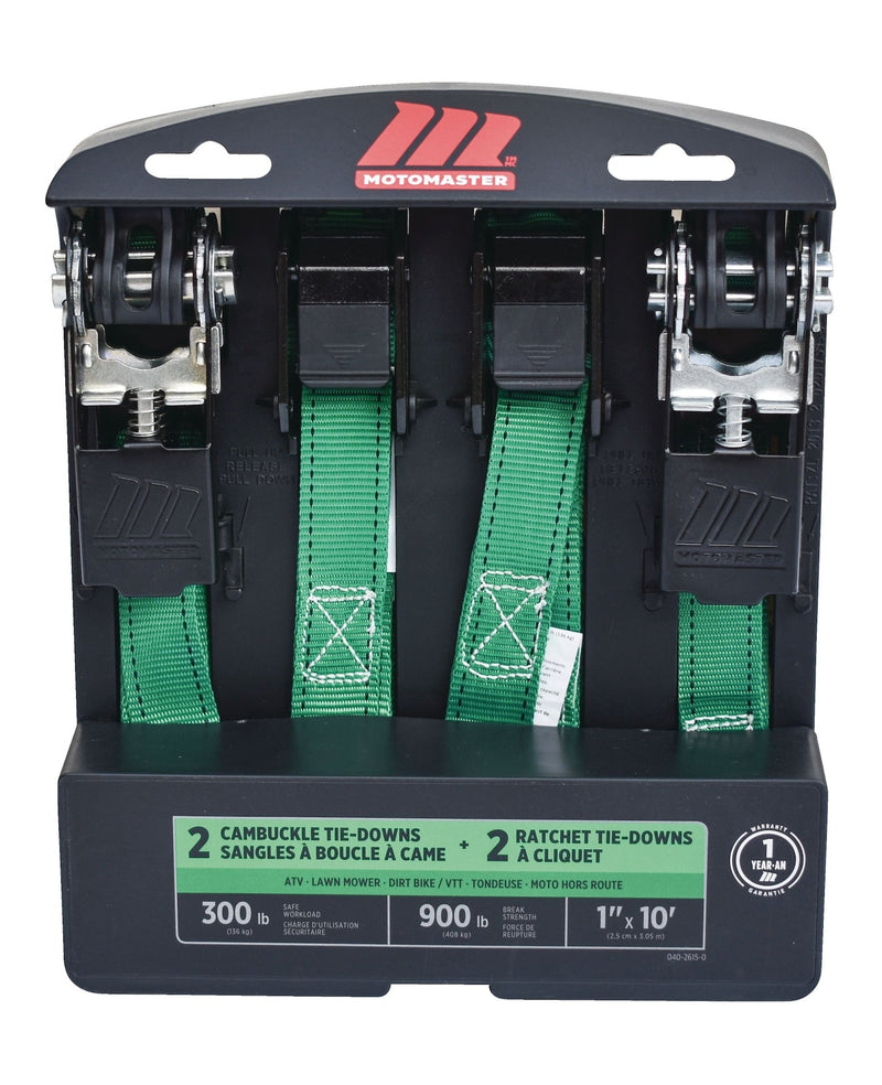 MotoMaster 900-lb Ratchet/Cambuckle Tie-Down Straps, Non-Padded, 1-in x 10-ft, 4-pk F1